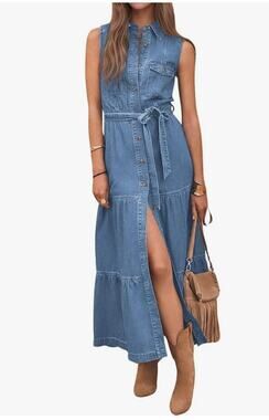 Button Down Denim Dress Business Casual Belted Sleeveless Midi Long Jean Dress